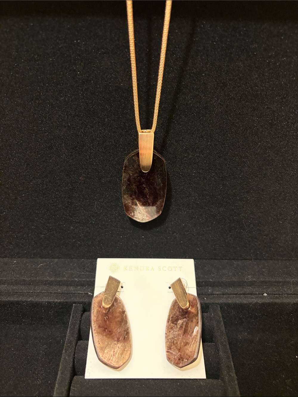 Kendra Scott Rose Gold and Brown Marbled Pendant Necklace with Matching Earrings